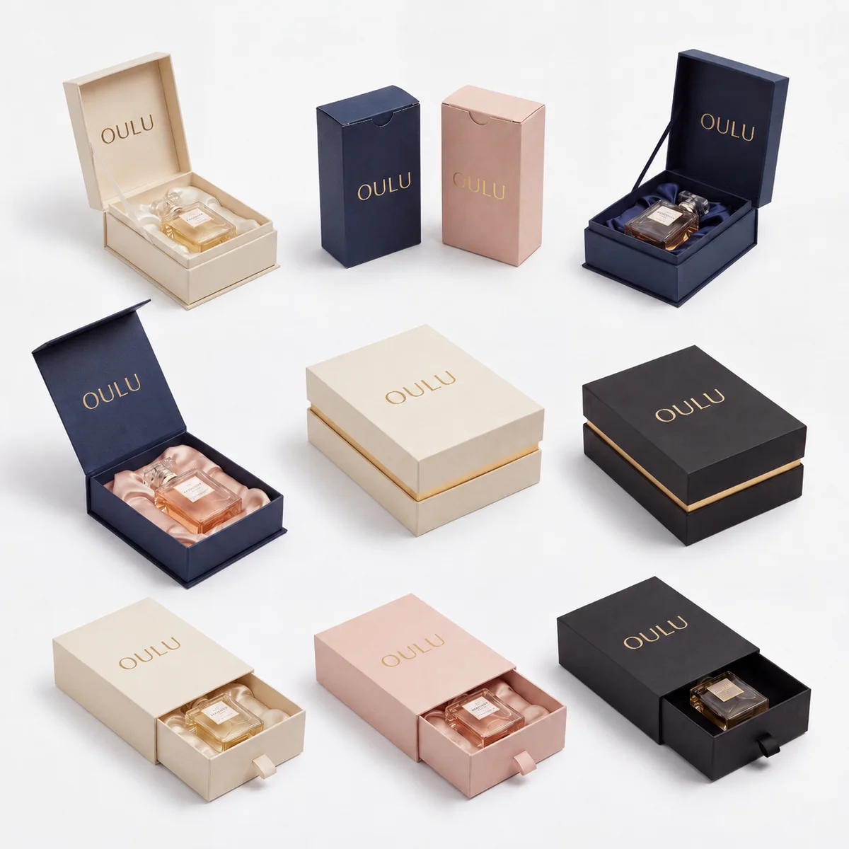 KALIENI perfume boxes in folding carton, rigid and drawer configurations
