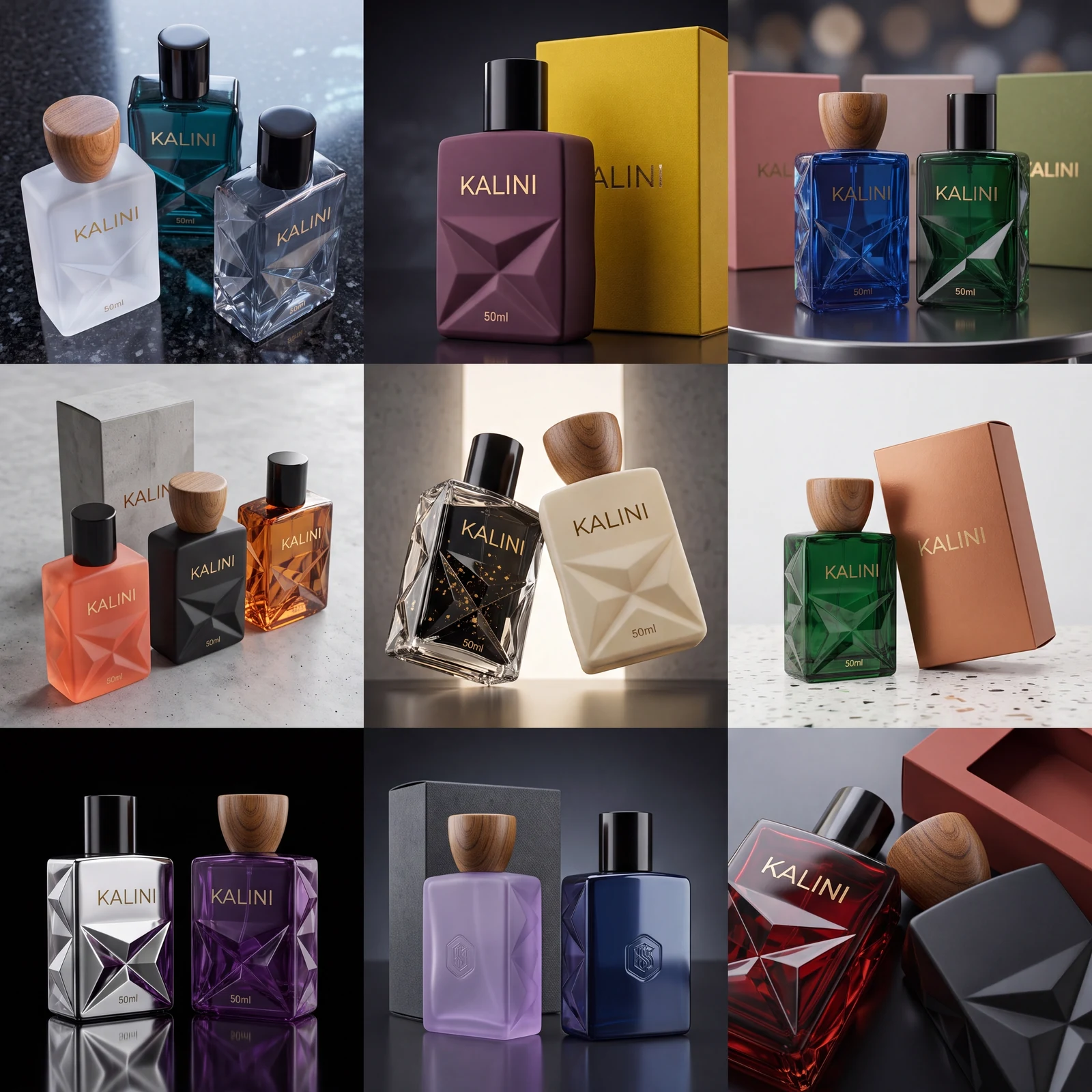 Nine coordinated perfume bottle color, cap and packaging presentation directions