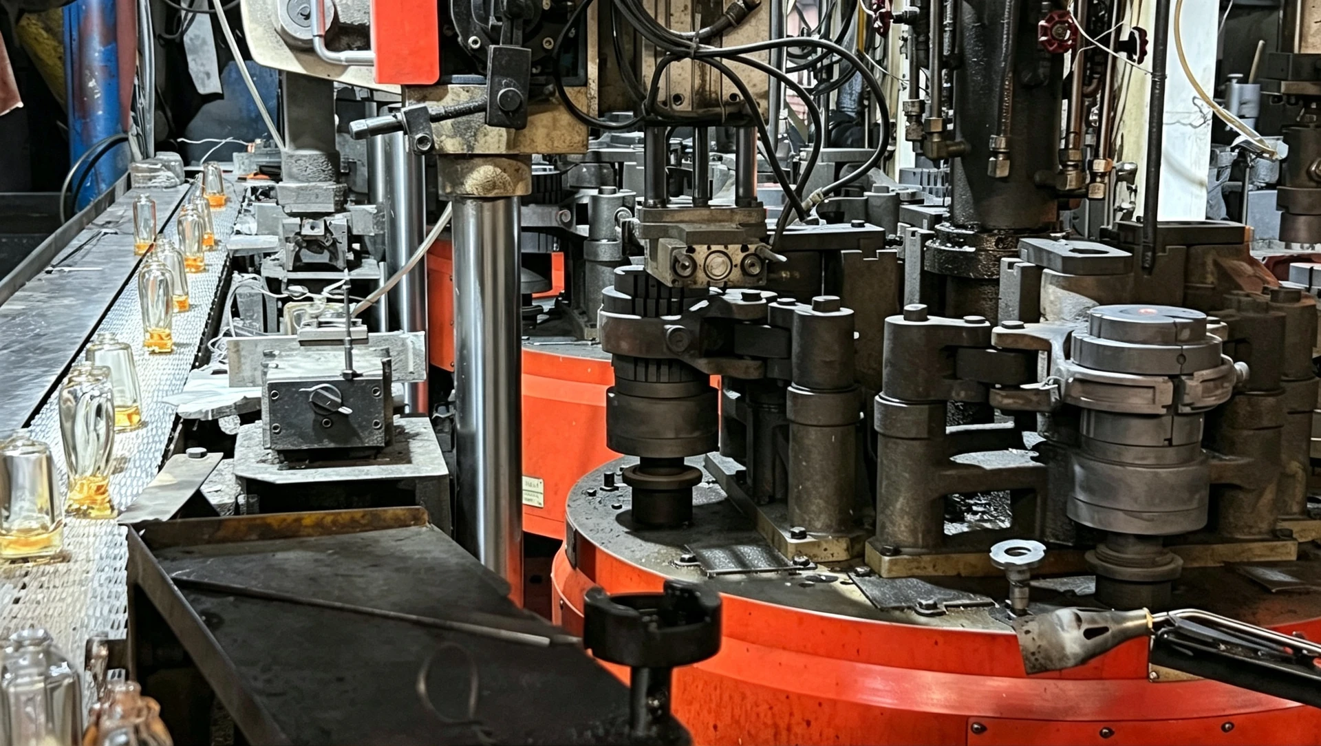 Perfume bottles moving through forming equipment in the KALIENI production workshop