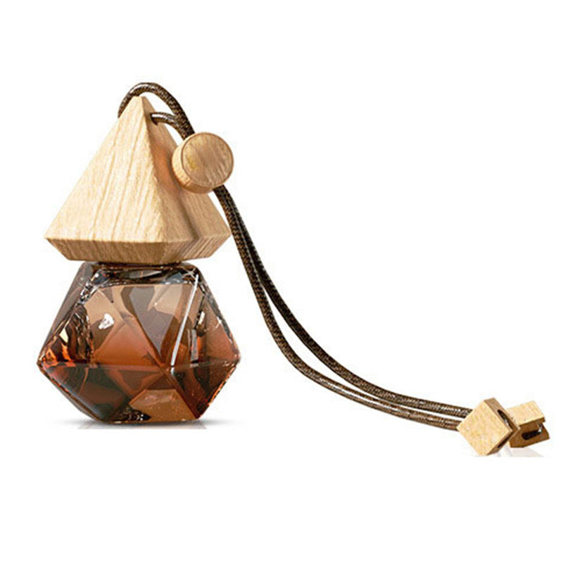 Faceted car diffuser bottle with pointed wooden cap and hanging cord