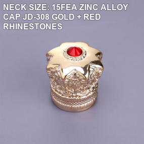 JD-308 15FEA gold zinc alloy perfume cap with red rhinestone accent