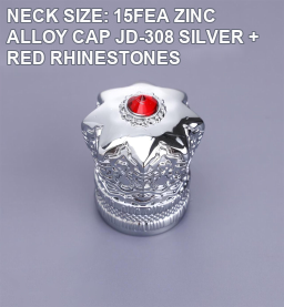 JD-308 15FEA silver zinc alloy perfume cap with red rhinestone accent