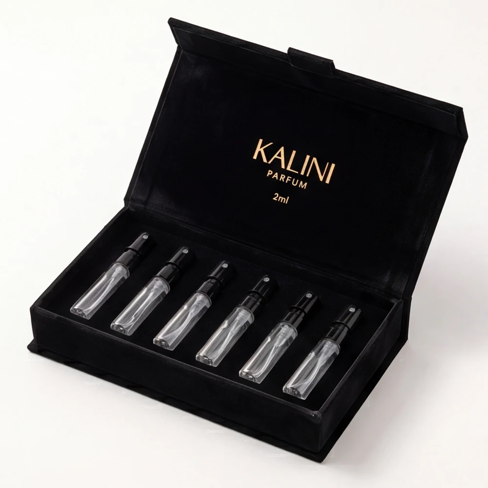 Six perfume sample vials in a fitted presentation box