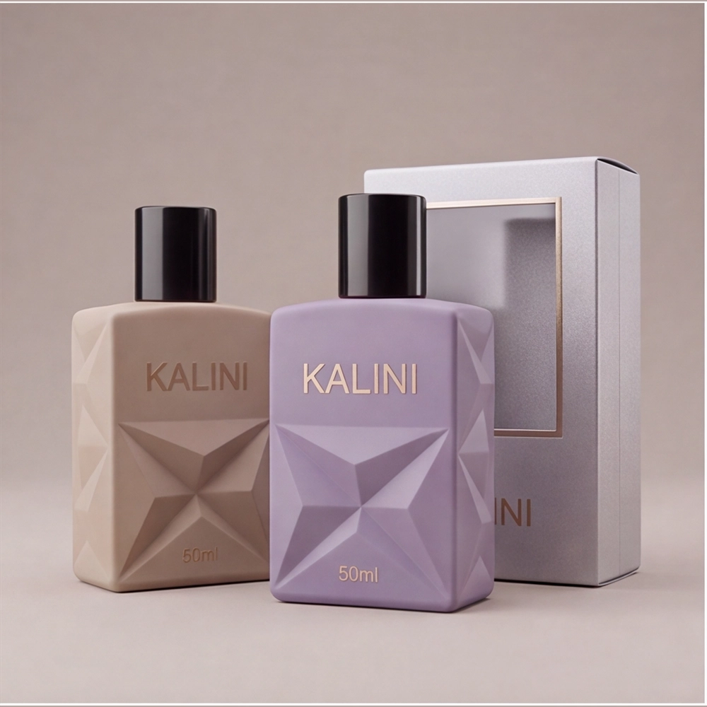 Two 50ml perfume bottles with a branded window carton packaging reference